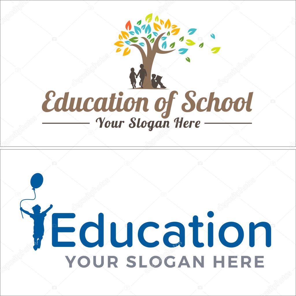 Education and Childcare logo design with a group of children and a child holding a balloon vector illustration suitable for childcare companies or childrens education playground outdoor nature