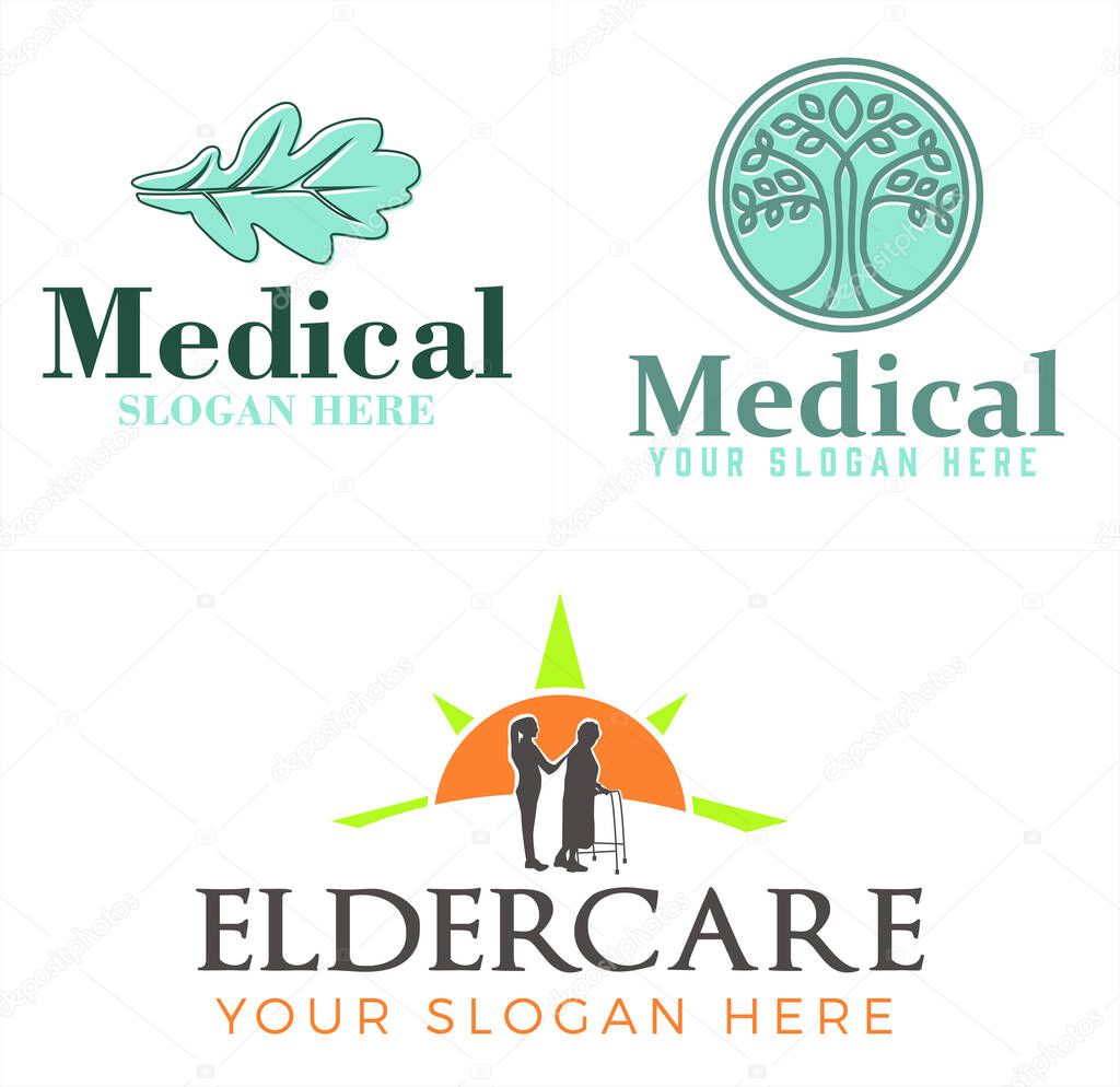 Medical logo with leaf oak tree and sun elderly vector illustration suitable for medical pharmaceutical clinic eldercare company