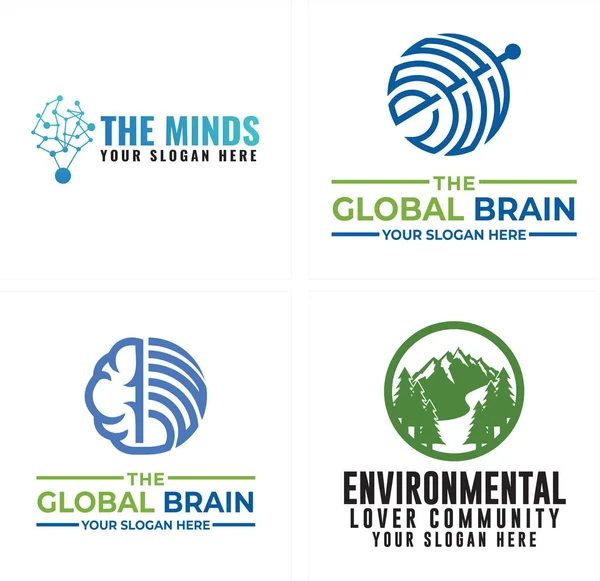 Logo Design Mit Gehirn Global Tech Und Berg Baum Illustration — Stockvektor