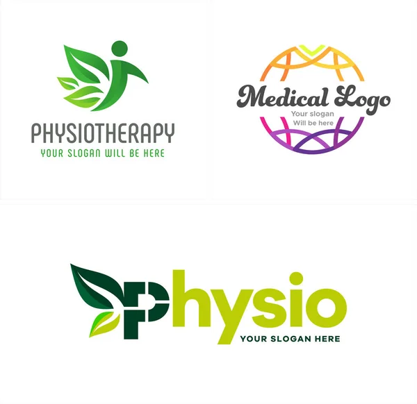 Fisioterapia gente hoja naturaleza médico global logo design — Vector de stock
