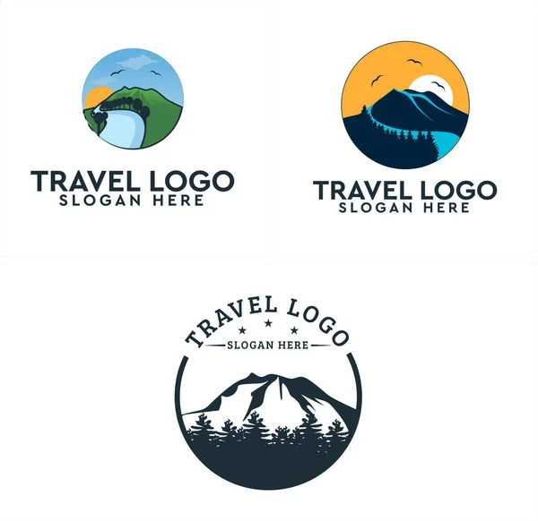 Viaje montaña aventura bosque logo diseño — Vector de stock