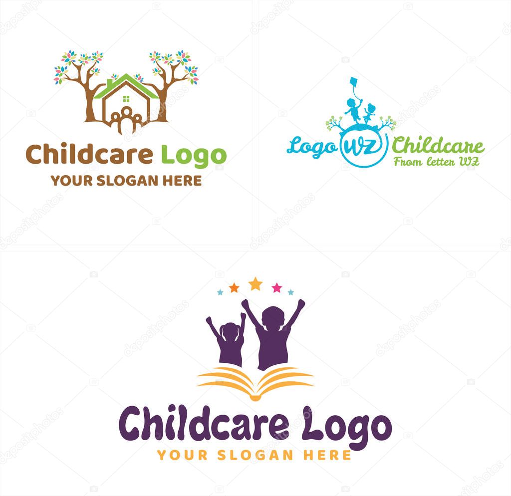Childcare logo design with kids girl boy playing and tree home illustration vector suitable for symbol creative playground kindergarten caregiver education
