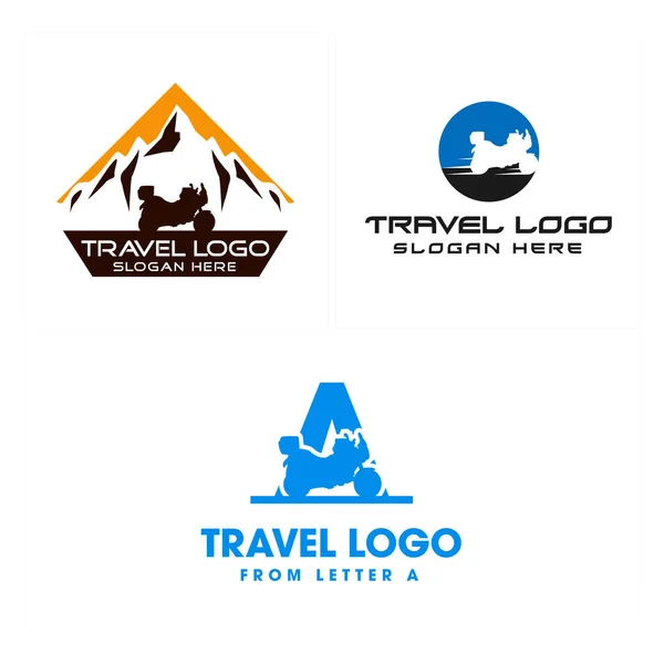 Travel adventures motorcycle mountain logo design — Stock Vector
