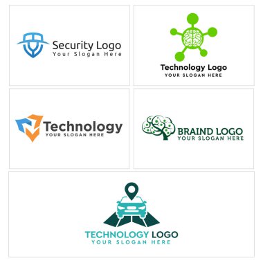 Teknoloji kalkanı güvenlik beyin teknisyeni ve araba nokta logosu tasarımı 