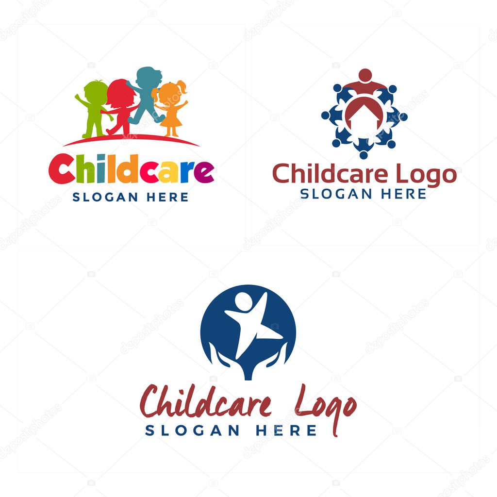 Childcare logo design colorful kids boy and girl with people circle home illustration vector suitable for children services babysitting kindergarten