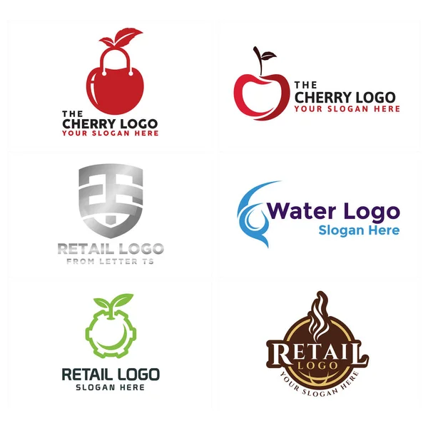 Vente au détail fruits cerise rouge et logo bouclier design — Image vectorielle