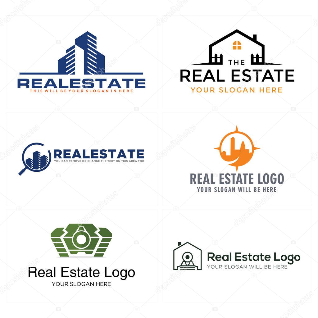 Real estate logo with building home and icon camera magnifying glass compass design vector illustration suitable for mortgage apartment business property team studio photography