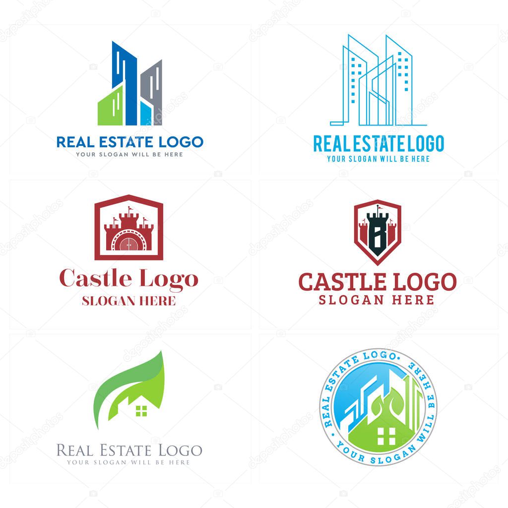 Real estate design logo outline building castle and home with leaf vector suitable for mortgage business company agent property apartment eco friendly