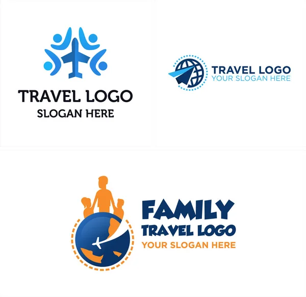 Seyahat uçağı küresel tatil aile logosu tasarımı — Stok Vektör