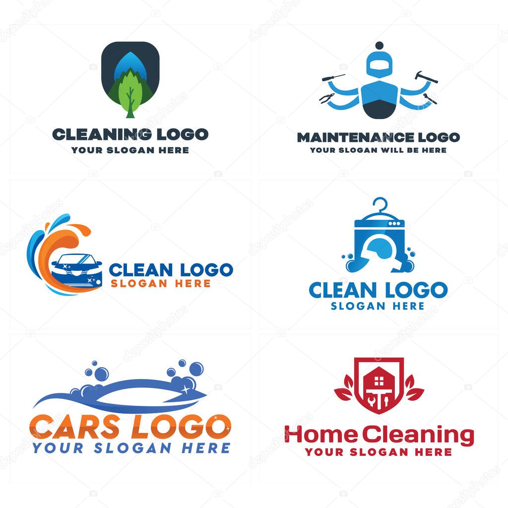Blue orange line art logo design illustration vector car and washing machine suitable for cleaning home company maintenance store laundry