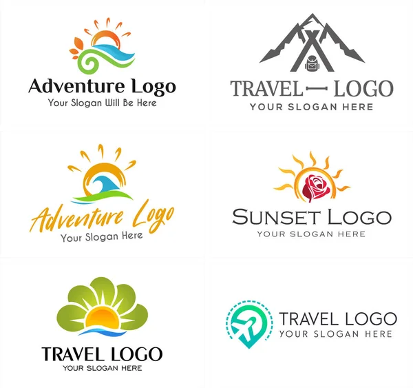 Seyahat macerası deniz dağ uçak logosu tasarımı — Stok Vektör
