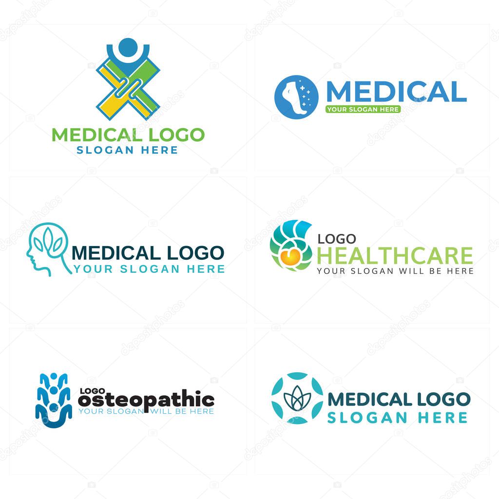 Blue green line art logo design foot head and people vector illustration suitable for medical pharmaceutical hospital insurance business