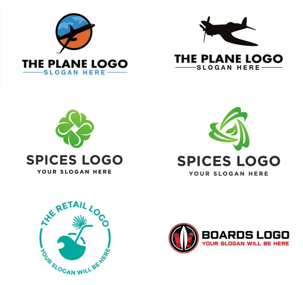 Especiarias avião bebida de coco e skates design logotipo — Vetor de Stock