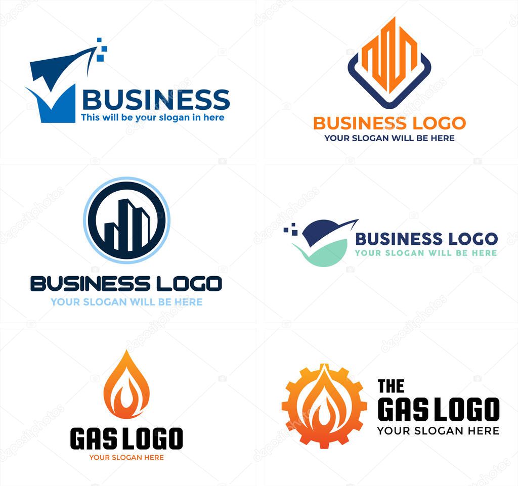 Blue orange line art logo design combine icon fire and gear with chart building suitable for business consulting financial gas provider service