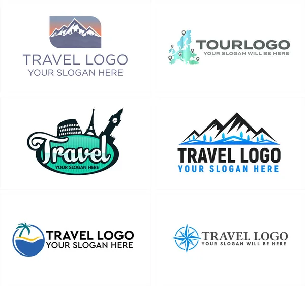 Seyahat turu ailesi dağ plajı Colosseum Roma Eyfel Kulesi logo tasarımı — Stok Vektör
