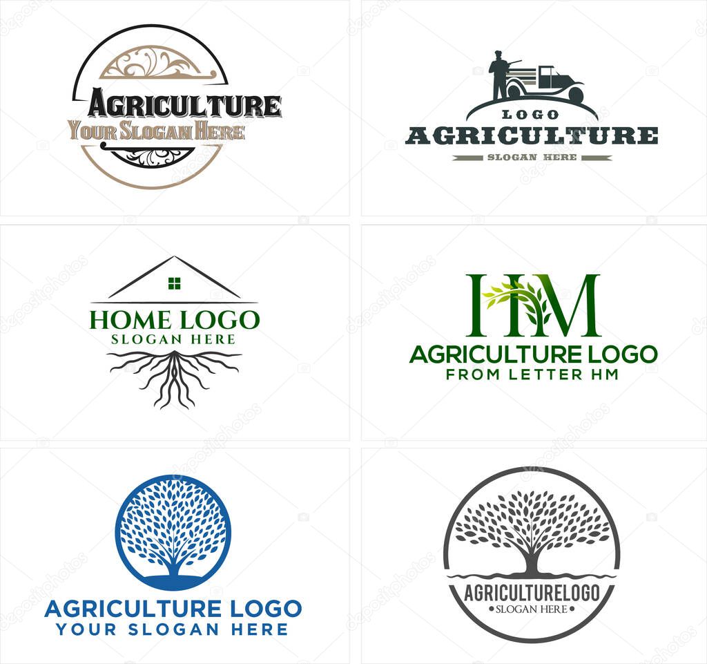 Green blue line art logo design badge tree and roof root suitable for agriculture plantation housing greening health