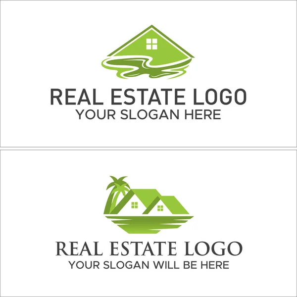 Bienes raíces casa eco friendly logo design — Vector de stock