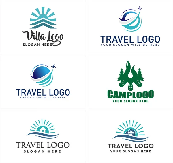 Un ensemble de voyage avion camping feu de joie vacances famille logo design — Image vectorielle