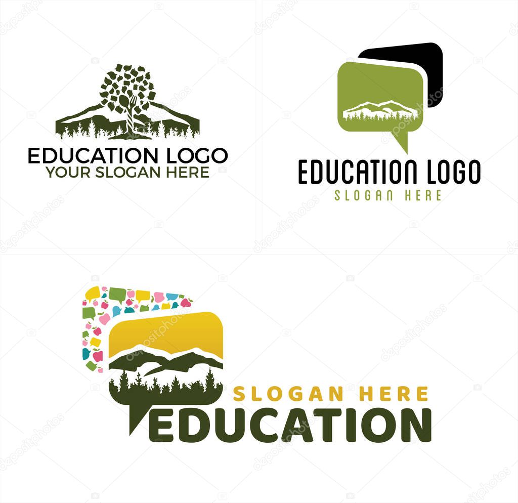 Green line art logo design combine tree and fork spoon with chat and mountain suitable for education children therapy nature outdoor forest