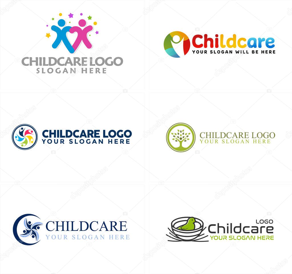 Blue colorful line art logo design, people tree and bird suitable for childcare parents consulting coaching families playground