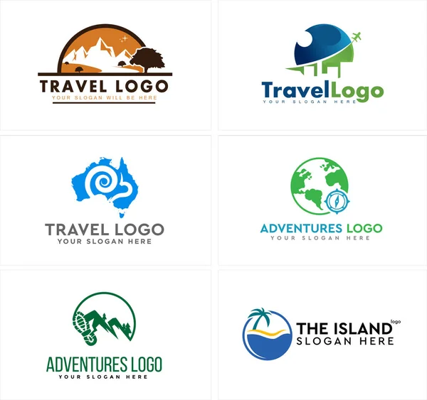 Un conjunto de viajes montaña aventura isla vacaciones logo diseño — Vector de stock