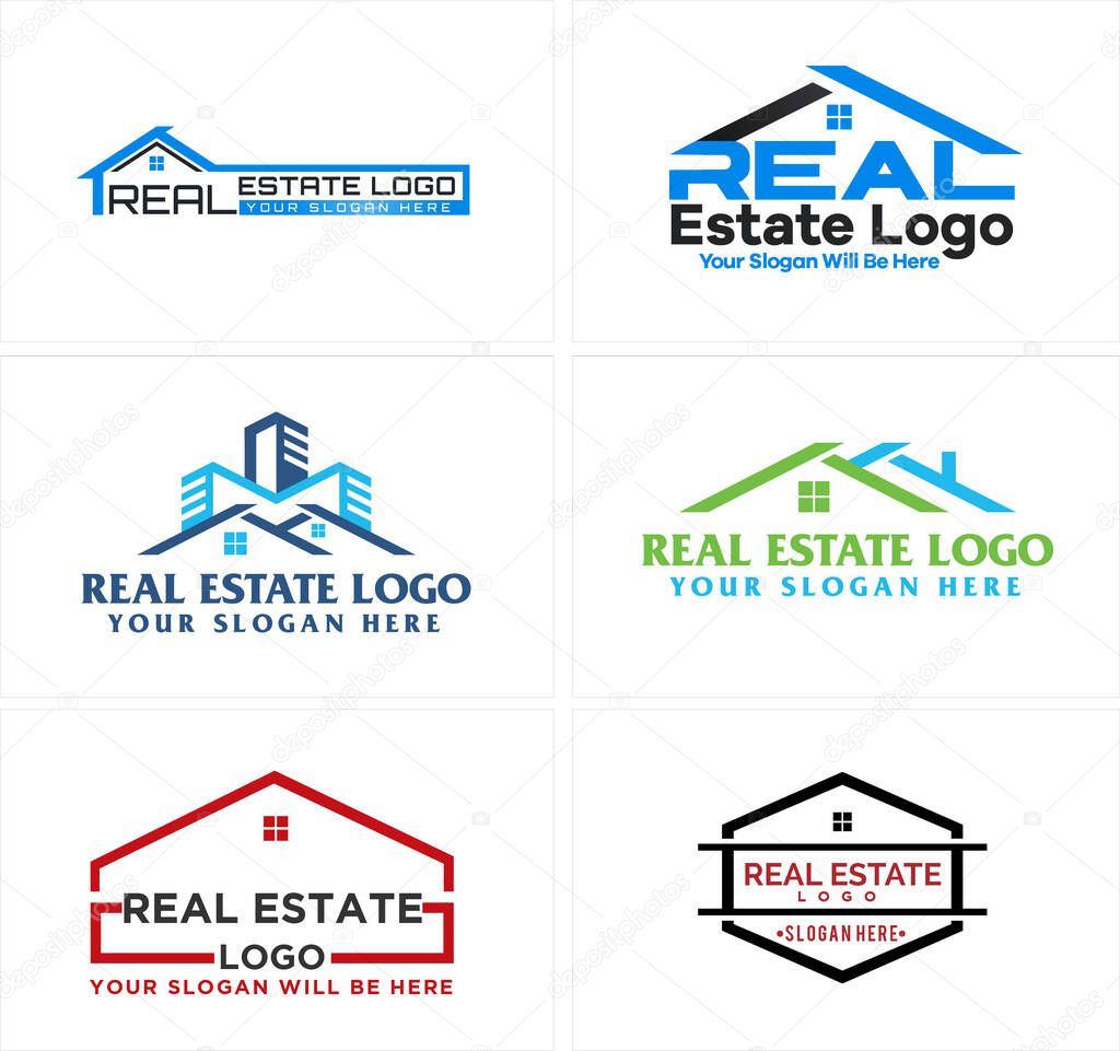 Blue red black line art combination mark logo design illustration roof and building suitable for real estate home mortgage agency