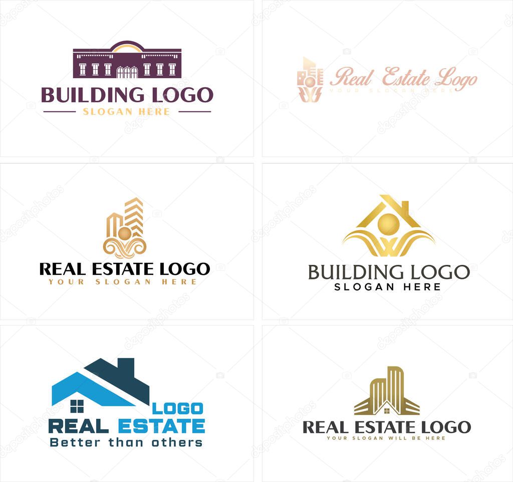 Blue line art people combined home and building logo design vector illustration suitable for real estate agency company residence business agent