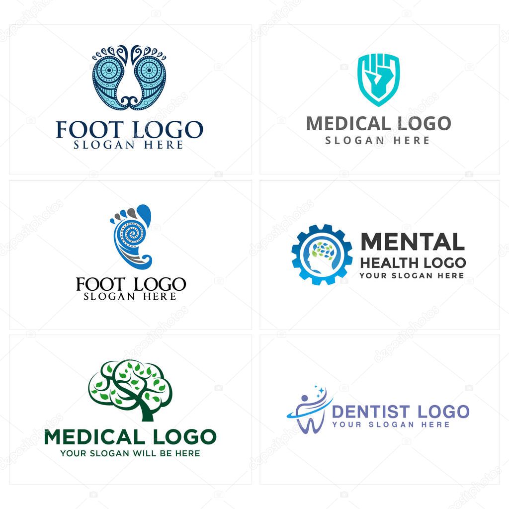 Blue green foot tree and gear combined head human brain leaf logo design vector illustration suitable for medical pharmaceutical dentist doctor hospital psychiatrist