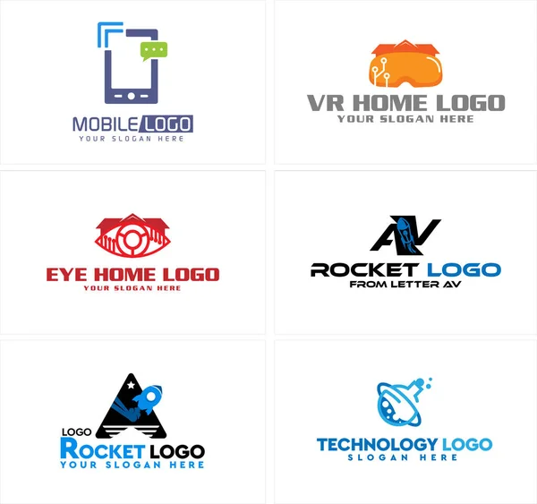 Um conjunto de tecnologia internet foguete móvel e design de logotipo de laboratório — Vetor de Stock