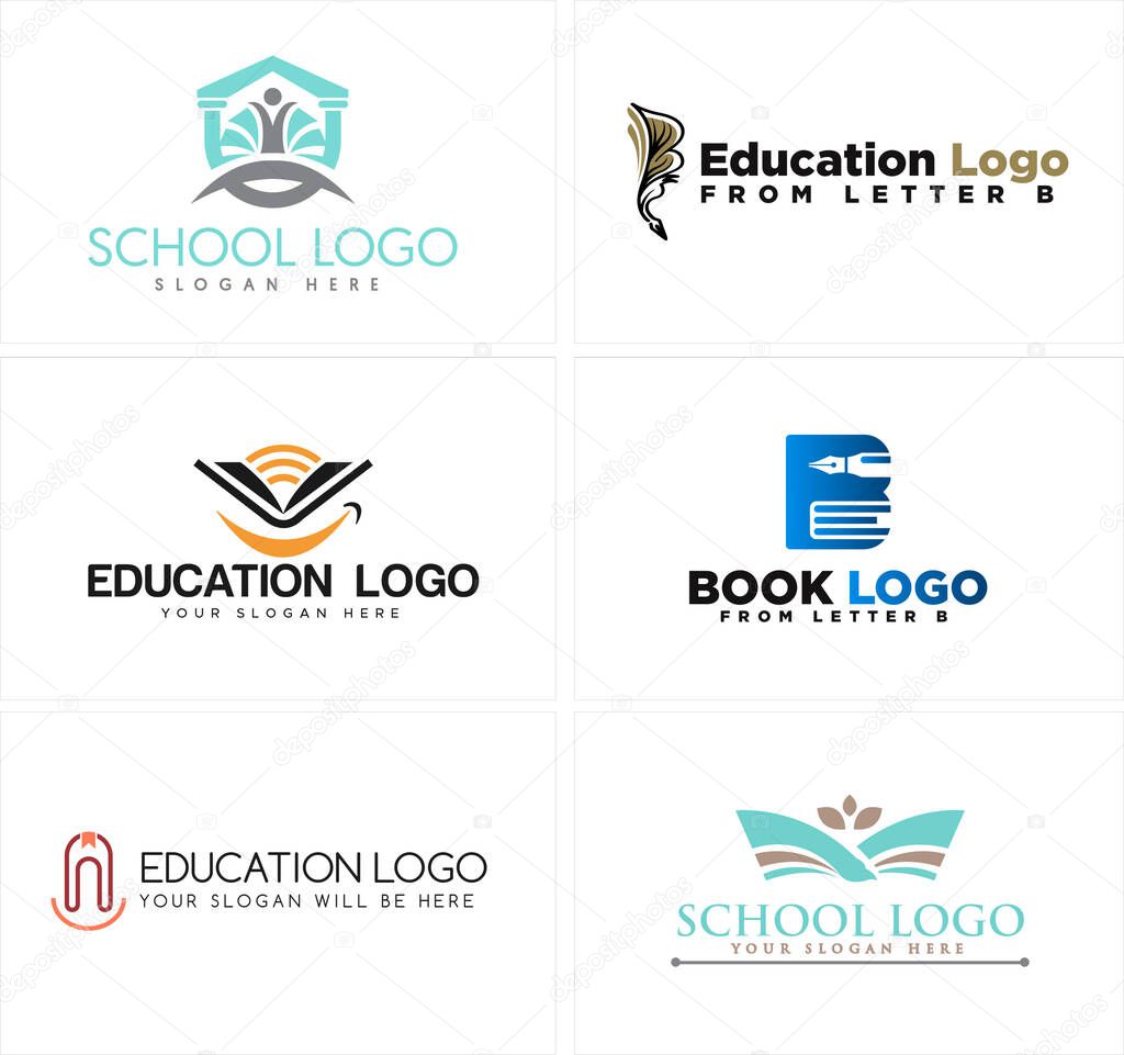 Black blue gray line art letter B combination whit people book and pen badge logo design suitable for education school literature institution