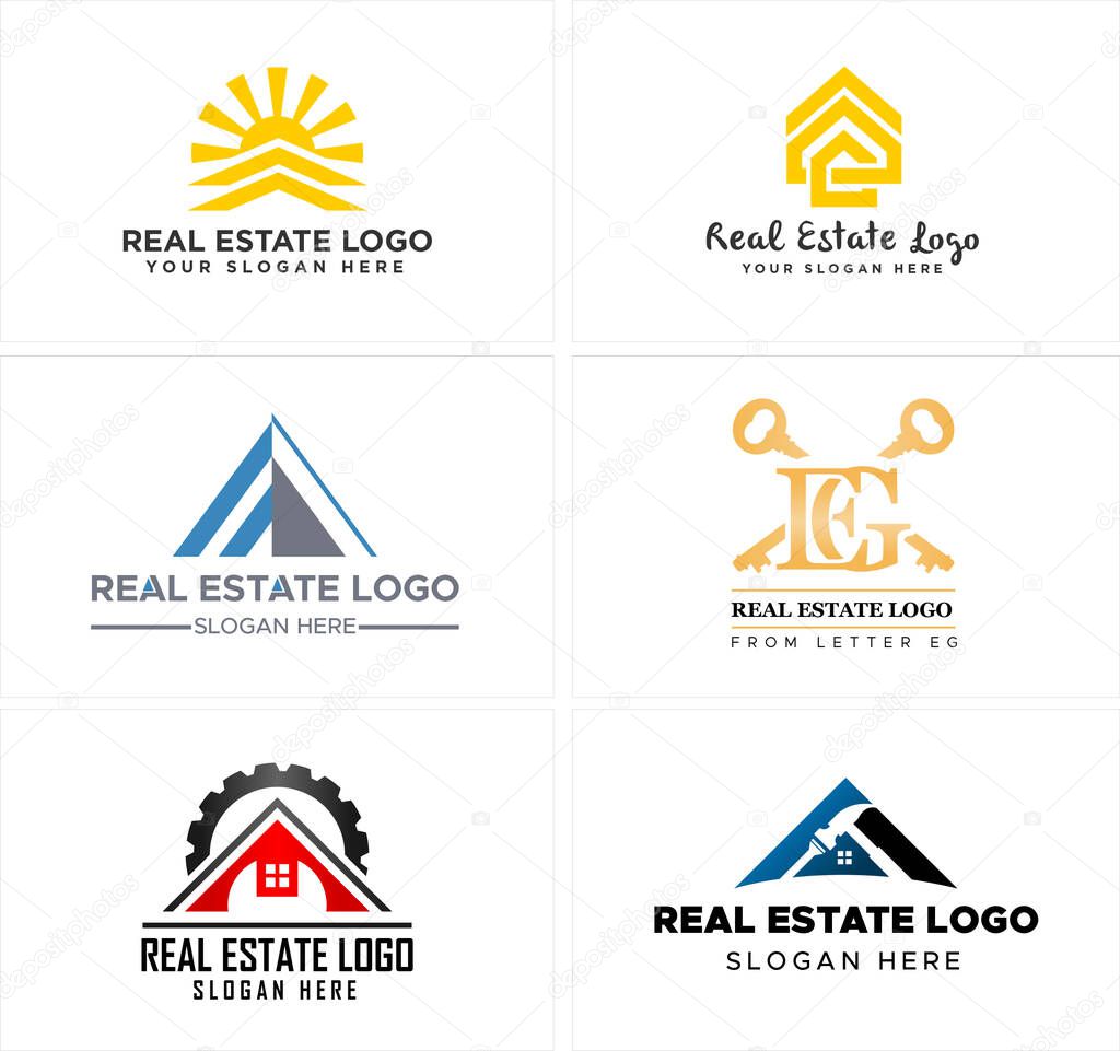 Yellow blue black line art combination logo design sun gear roof key hammer vector illustration suitable for real estate construction building business