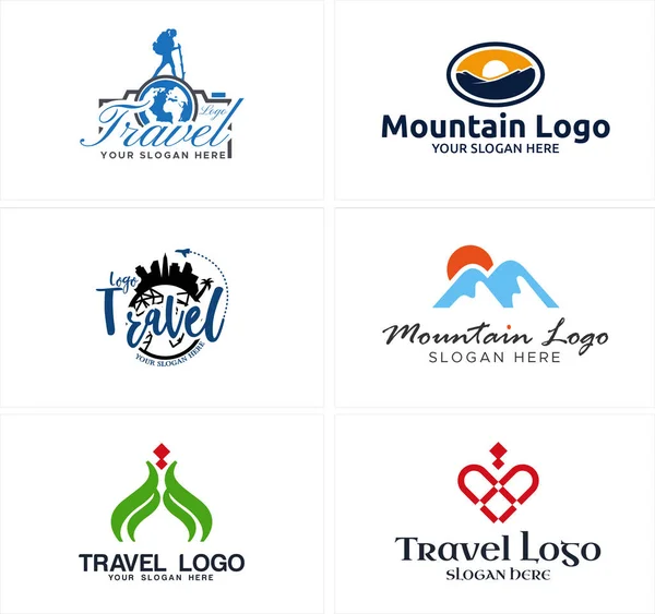 Viagem avião férias montanha aventura caminhadas logotipo design — Vetor de Stock