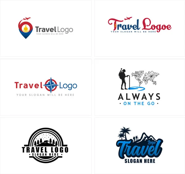 Seyahat uçağı dağ yürüyüşü macera logosu tasarımı — Stok Vektör