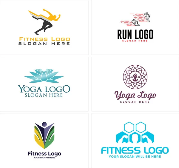 Set of physical fitness run yoga logo design — Stock Vector