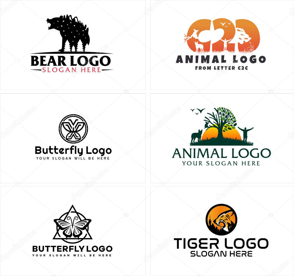 Black yellow line art silhouette bear butterfly combination tree sun man logo design vector suitable for animal tiger company zoo forest wildlife
