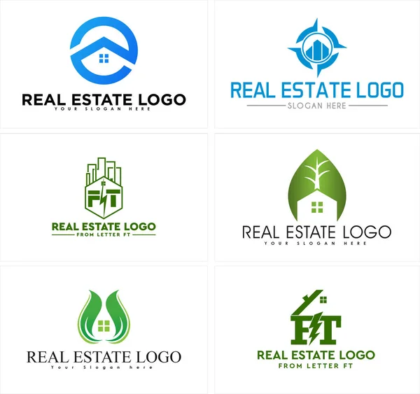Un conjunto de construcción de viviendas inmobiliarias diseño de logotipo ecológico eléctrico — Vector de stock