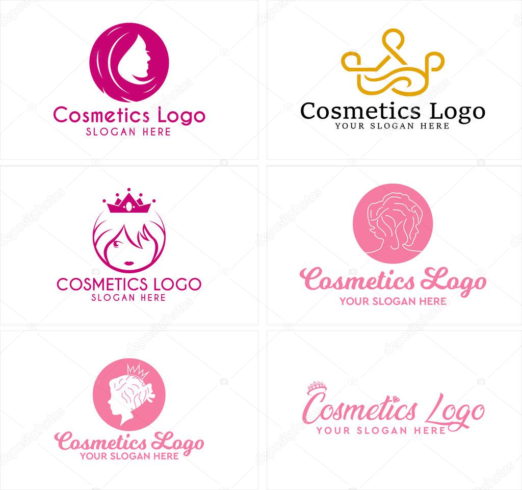 Pink black brown line art face women crown badge combination mark logo design vector illustration concept suitable for cosmetics beauty web shop salon hairstyle training clothes online