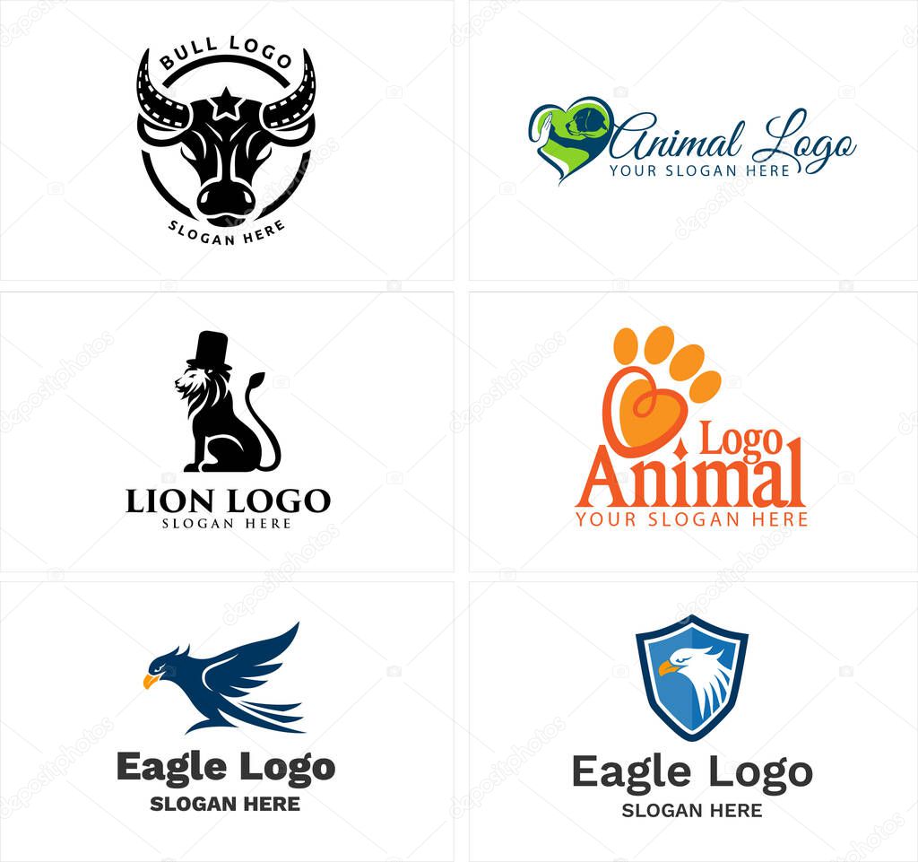 Black blue orange line art badge logo design silhouette bull lion eagle dog paw vector illustration suitable for animal health wildlife pet shop