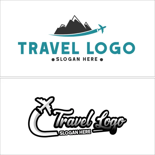Podróże wakacje samolot góry przygoda projekt logo — Wektor stockowy