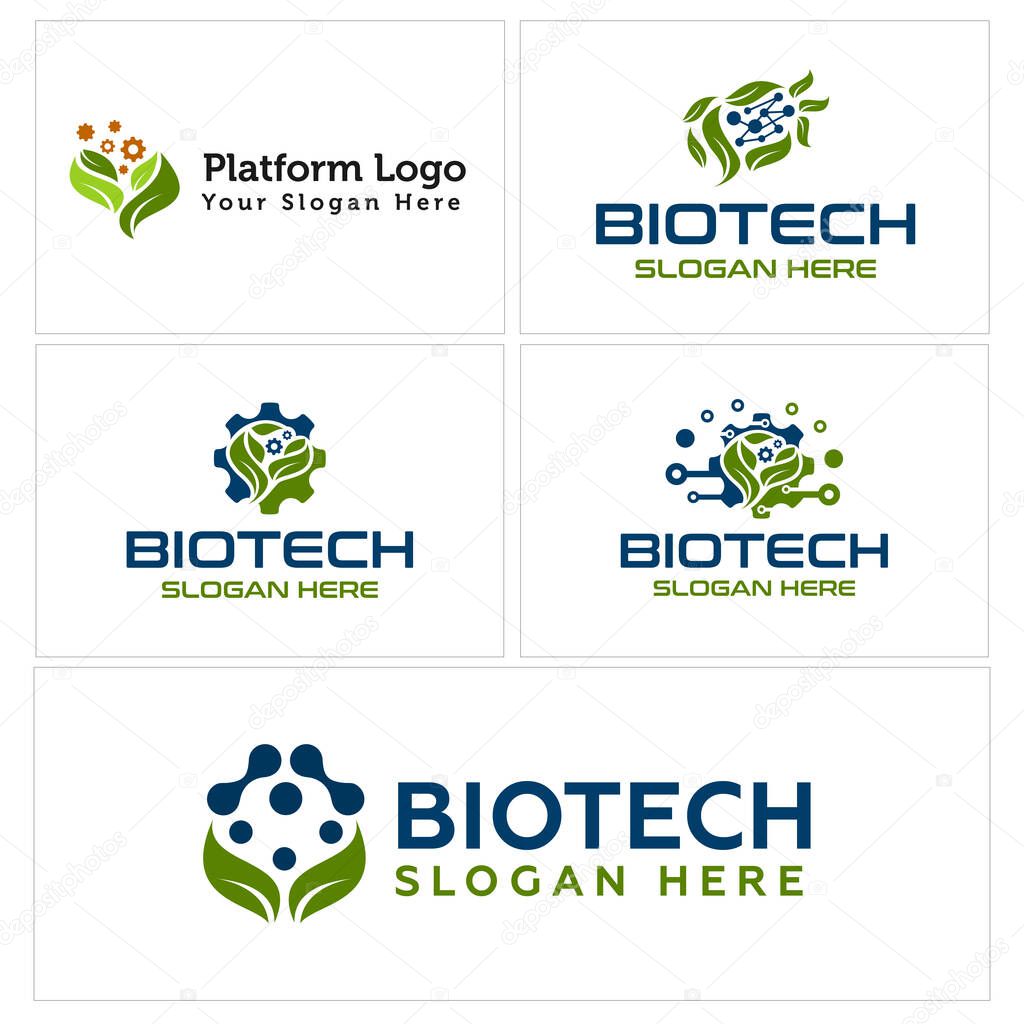 Biotech logo design leaf gear and molecule vector suitable for technology platform farming nature organic
