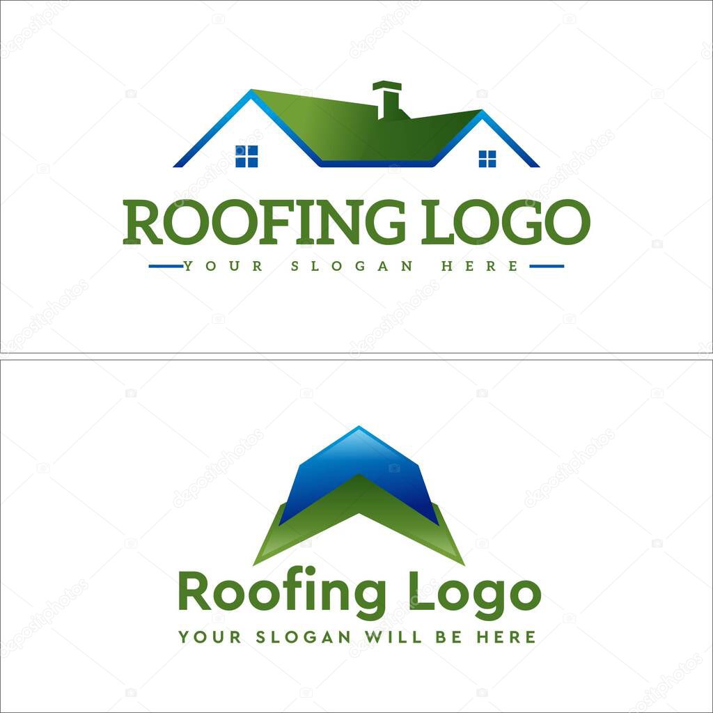 Green blue home with window and chimney on the roof illustration vector logo design suitable for roofing produce selling provider maker real estate mortgage property construction modern