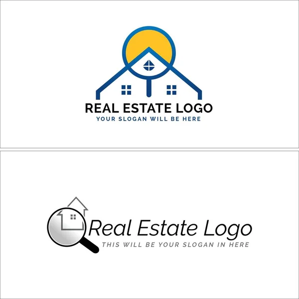 Inmobiliaria casa lupa diseño de logotipo de bienes raíces — Vector de stock