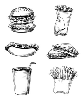 Set simgeleri çizilmiş kara tahta hatları ve kontur fast food yemek üzerinde patates kızartması, sandviç, hamburger, çizburger, izole, buz içecek kola sıcak köpek, görüntüleri abur cubur tasarım menü Restoran, kafe, bistro ya da aperatif barr, vektör için