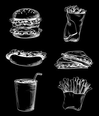 Graphic lines set icons drawn on chalkboard, fast food meal French fries, sandwich, hamburger, cheeseburger, Hot Dog and cup of ice drink, images for design menu restaurant, cafe, bistro or snack bar, vector white on black, inversion