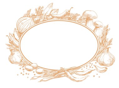 Oval çift çerçeve bir baharat, otlar, çeşniler, sebze çevresinde, elle çizilmiş vuruş sepya ve kahverengi ile metin için boş satırlar, restoranlar, kafeler, bistrolar, için tasarım menüsünden vektör beyaz bir arka plan üzerinde 