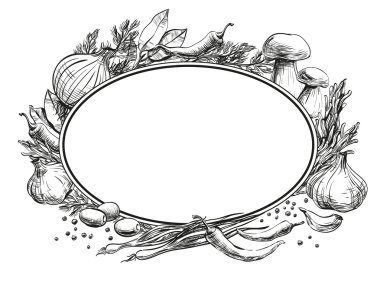 Merkezi oval çift çerçeve metnin etrafındaki boş olan bulunduğu baharatlar, otlar, çeşniler ve sebze, konturlar ve siyah çizgiler el menü tasarım restoranlar, kafeler, bistrolar, vektör, beyaz arka plan için kara tahta üzerinde çizimi