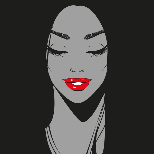 Cara cercana, gráfico gris y negro dibujado retrato de niña sonriente con pestañas largas y hermosa línea de cejas, lápiz labial rojo brillante, o brillo de labios y pelo negro largo, ojos cerrados, vector — Archivo Imágenes Vectoriales