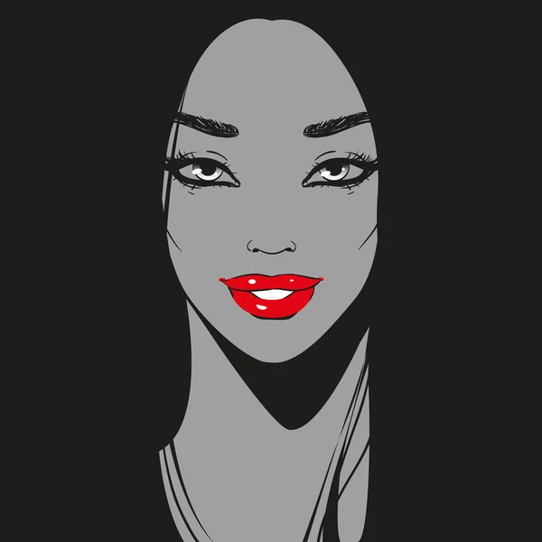 Крупный план лица, серый и черный графический портрет девушки с длинными ресницами и красивой линией бровей, ярко-красной помадой или блеском для губ и длинными черными волосами, улыбаясь, глядя вперед, вектор — стоковый вектор