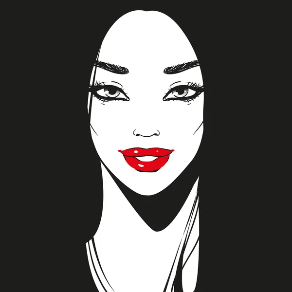 Close up face, black and white graphic drawn girl portrait with long eyelashes and beautiful line of eyebrows, bright red lipstick, or lip gloss and long black hair, smiling looking forward, vector