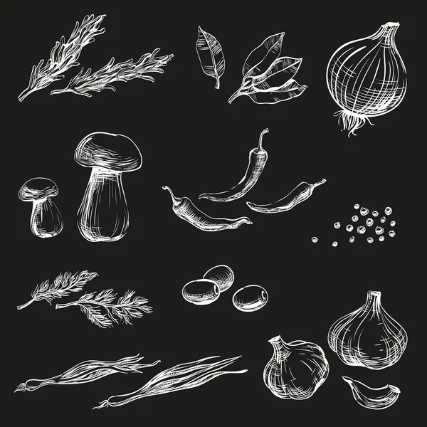 Establezca iconos de dibujo a mano especias, hierbas, condimentos, verduras para el diseño de menús en restaurantes, cafeterías, bistrós o envases para la comida, trazos de dibujo vectorial gráfico, líneas blancas sobre un fondo negro, inversión — Vector de stock